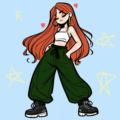 girl in baggy pants crop top and long hair