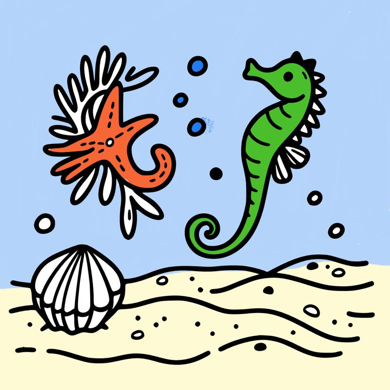 sand, sea horse, starfish