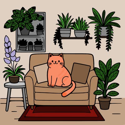 cat on a sofa in a room full of plants