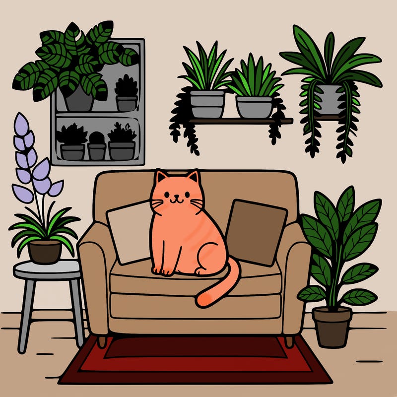 cat on a sofa in a room full of plants