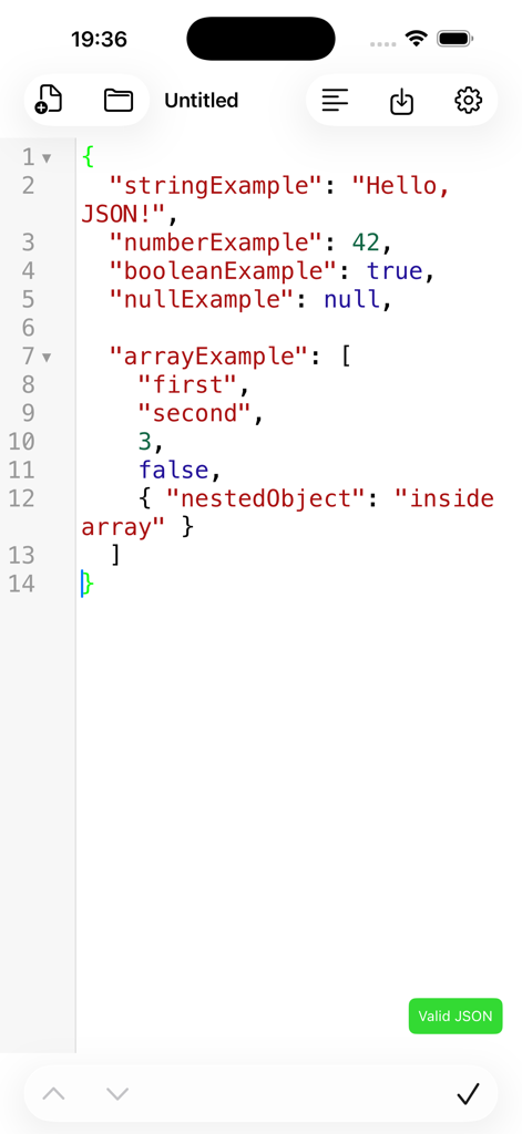 JSONCraft mobile editor showing code syntax highlighting and JSON validation status.