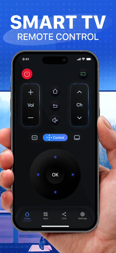 A hand holding a smartphone showing the digital interface of a smart TV remote control app with navigation buttons.