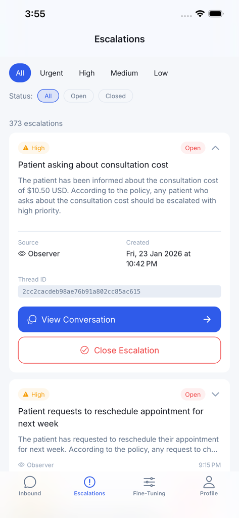 heva Provider - heva Provider app interface showing a list of high priority patient escalations with options to view conversations or close tasks