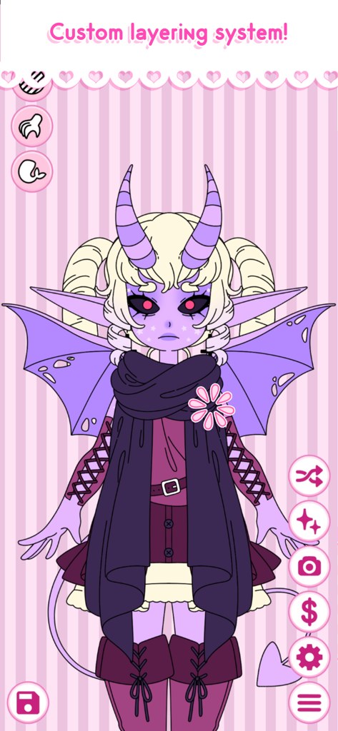 Monster Girl Maker 2 - A purple monster girl character with wings and horns created in the Monster Girl Maker 2 app showing the custom layering system interface.