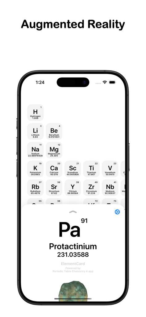 Chemistry Periodic Table 2026 - Pantalla de smartphone que muestra una aplicación de tabla periódica con una tarjeta de elemento de realidad aumentada para Protactinio