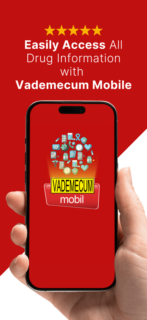 Vademecum Mobile: Guide - Vademecum Mobile app screen on a smartphone showing medical drug information and healthcare icons.