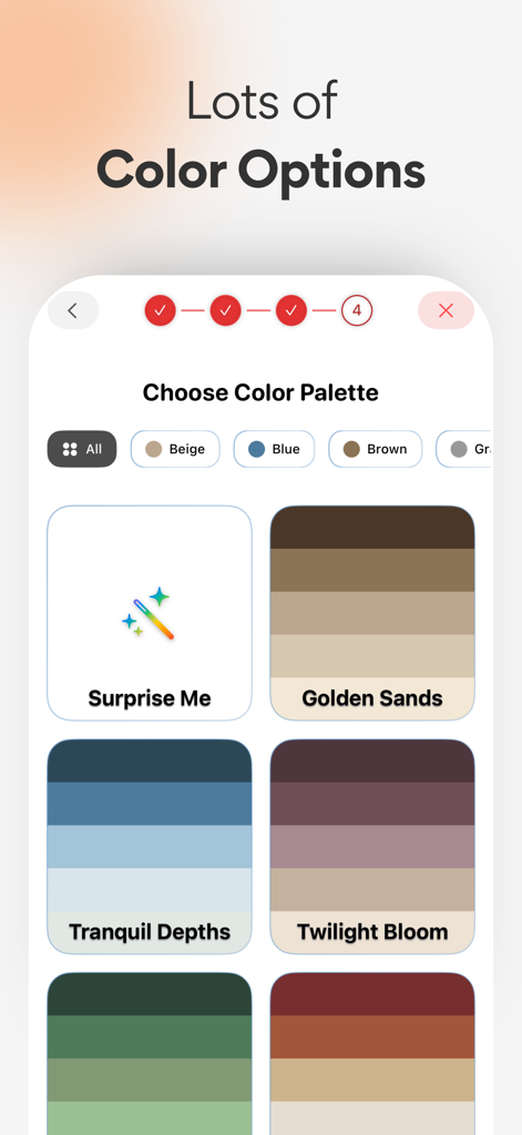 AI Home Design: Interior ARCAI - Tela do aplicativo Arc AI exibindo opções de paleta de cores de design de interiores