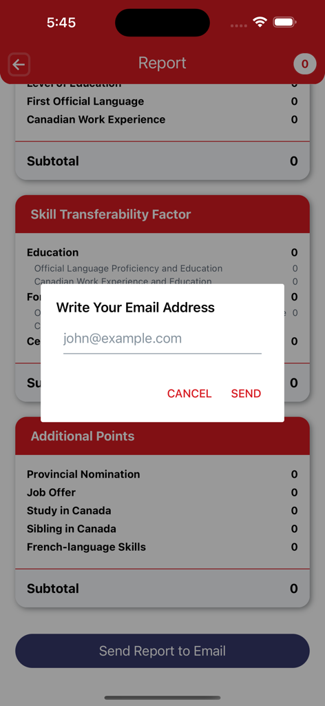CRS Score Calculator - Canada - CRS Score Calculator App-Berichtsbildschirm mit Aufforderung zum E-Mail-Export
