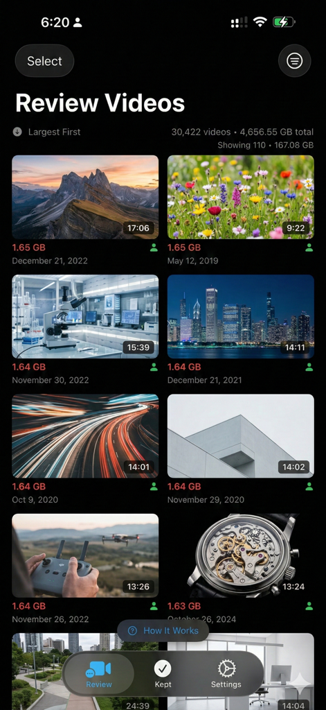 Large Video Cleaner - Aplicación Limpiador de Vídeos Grandes mostrando una cuadrícula de vídeos ordenados por tamaño para la gestión del almacenamiento
