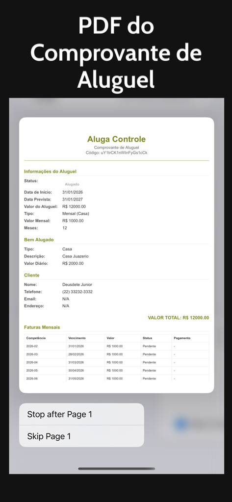 Rental Control: House, Car etc - Vista previa de un recibo de alquiler digital en PDF que muestra información de la propiedad y el estado del pago mensual