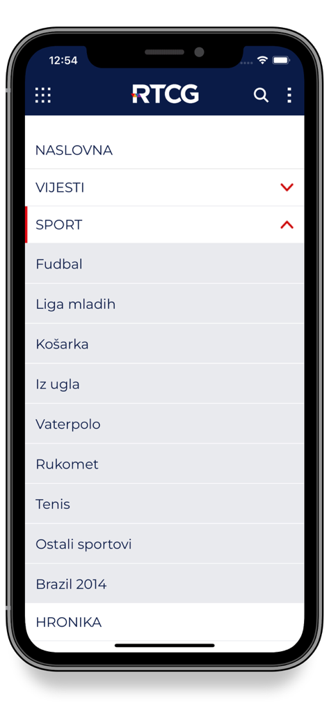 RTCG mobile App zeigt das Menü der Sportkategorien mit Fußball und Wasserball
