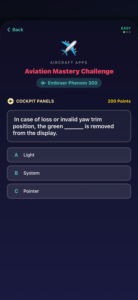 iEMBRAER Type Rating Prep - Aviation mastery challenge quiz screen for the Embraer Phenom 300 cockpit panels.