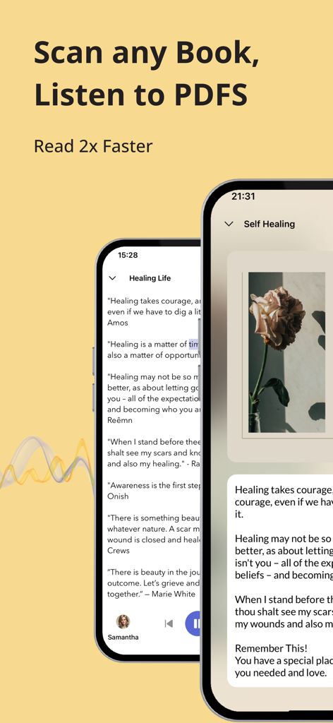 AI Reader: Text To Speech - AI Reader app interface showing features to scan books and listen to PDFs.