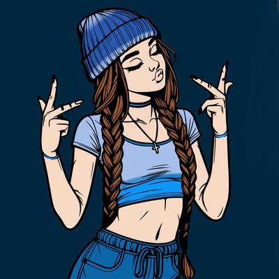 realistic teenage girl with braids and a beanie and crop top doing 🫶🏼