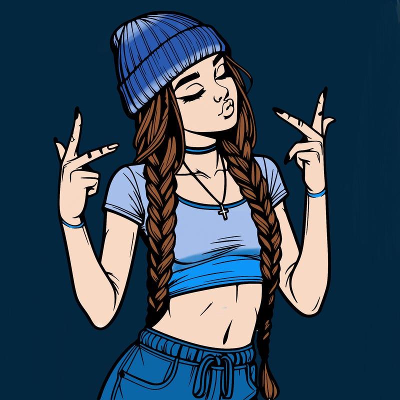 realistic teenage girl with braids and a beanie and crop top doing 🫶🏼