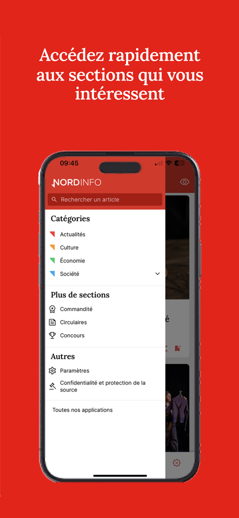 Nord Info - Smartphone screen showing the Nord Info mobile app menu with news categories and local sections