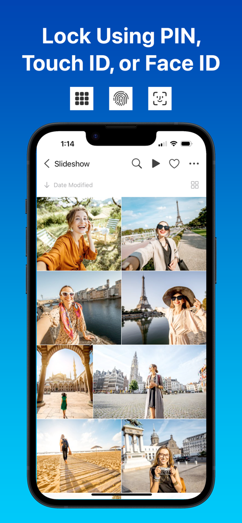 PixFolioアプリのインターフェース。PIN、Touch ID、Face IDを含む写真ギャラリーロックオプションが表示されています。