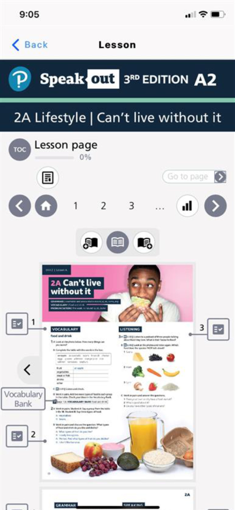 Digital English lesson interface in the Pearson English Connect app showing vocabulary and listening exercises on lifestyle