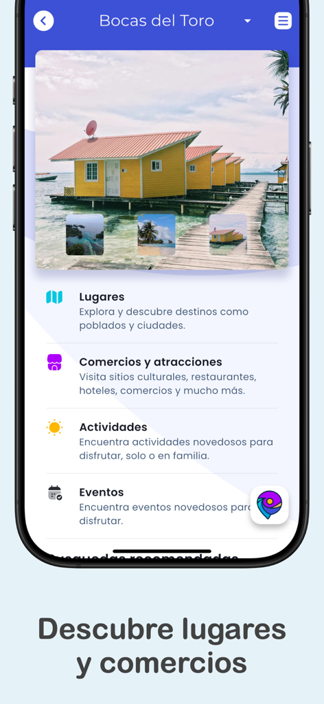 Locali - Locali app interface showing travel categories for Bocas del Toro province in Panama