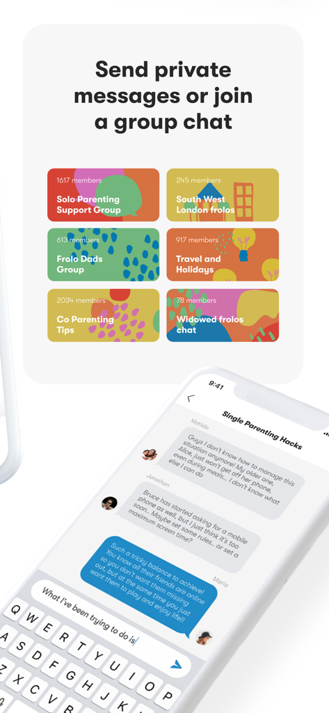 Frolo app interface showing single parent community group chats and a messaging window