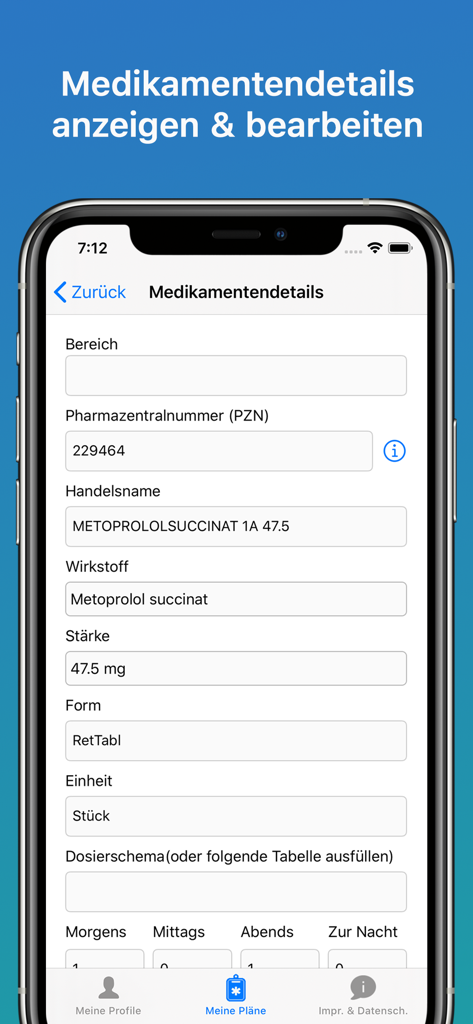 PApp - Die Patientenapp - Eine mobile Oberfläche aus der PApp-Anwendung, die detaillierte Medikamenteninformationen zeigt, einschließlich Zulassungsnummer, Wirkstoffen und Dosierungsplänen auf Deutsch.