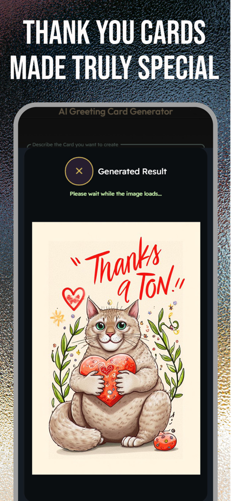 Happy Birthday Greeting eCards - Tarjeta de agradecimiento generada por IA con un lindo gato sosteniendo un corazón rojo y el texto Gracias infinitas