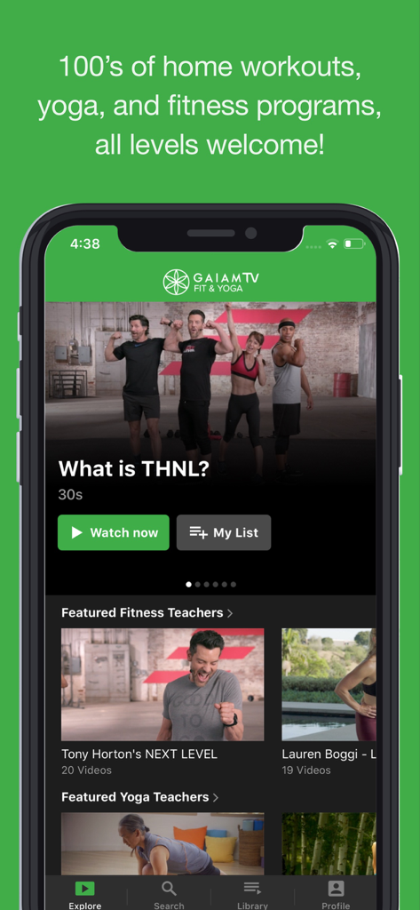 Gaiam TV Fit and Yoga mobile app home screen featuring yoga and fitness programs.
