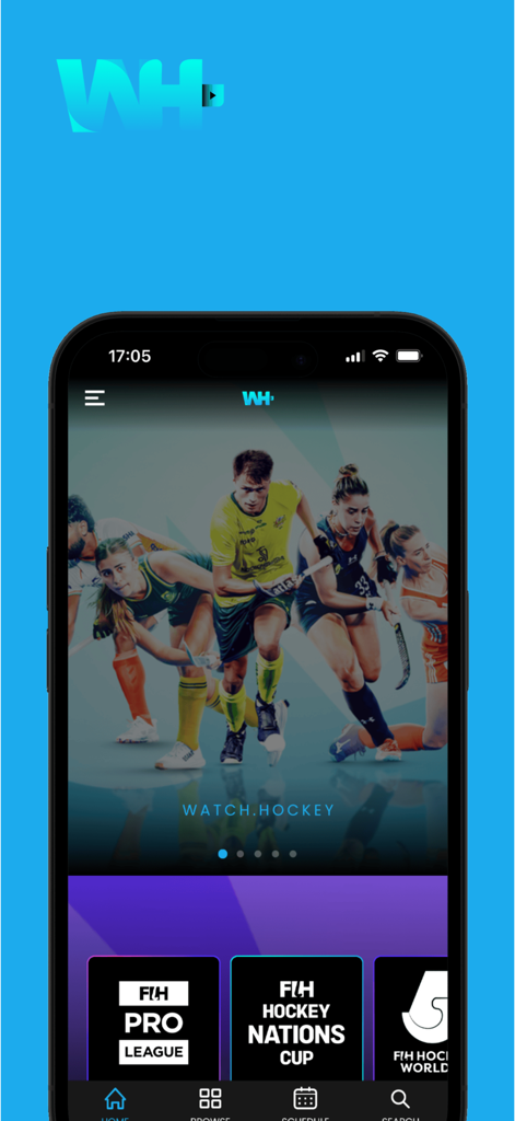 Watch Hockey - Watch Hockey app interface displaying international field hockey matches and tournament categories