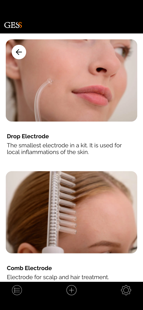 GESS - Tutorial screens in the GESS app showing the drop electrode for skin and the comb electrode for hair treatment