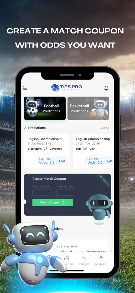 TipsPro AI: Match Prediction - TipsPro AI app interface showing AI-powered football and basketball match predictions and a tool to create custom betting coupons.