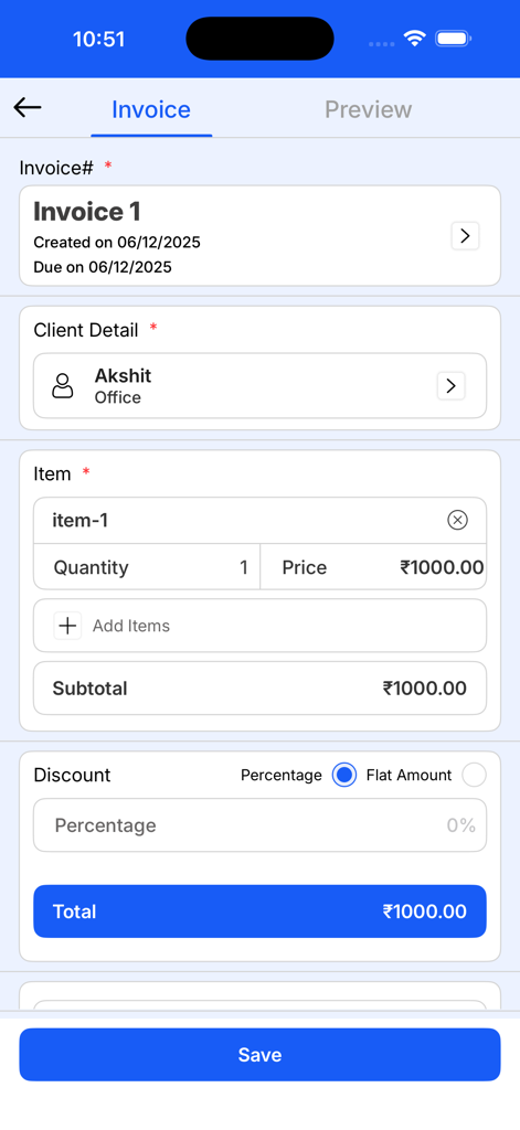 Instant Invoice Generator - Mobile app screen for creating a professional invoice with client details and line items.
