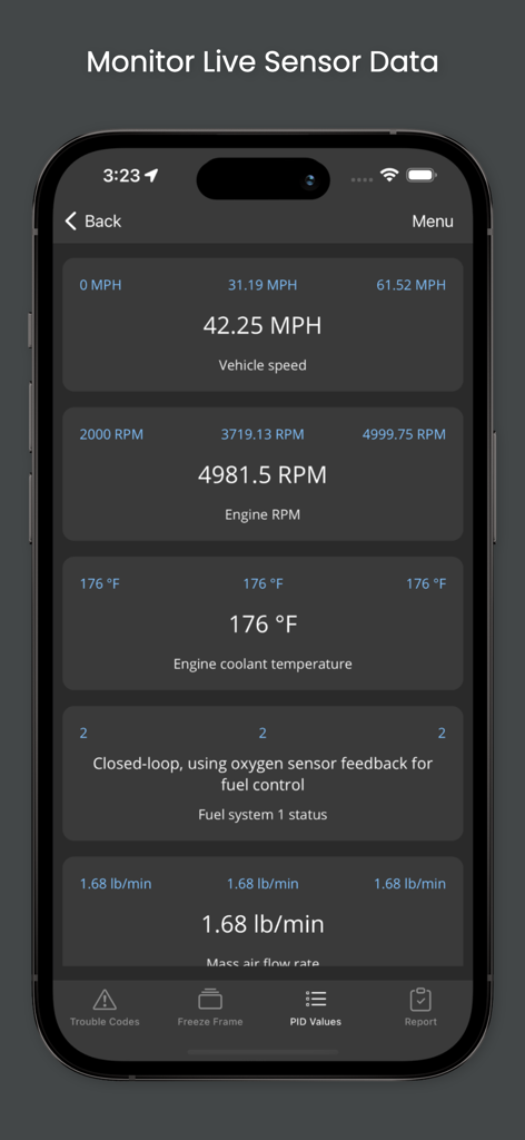 OBD Fusion - OBD Fusion app displaying live vehicle sensor data including speed, RPM, and engine temperature on an iPhone.