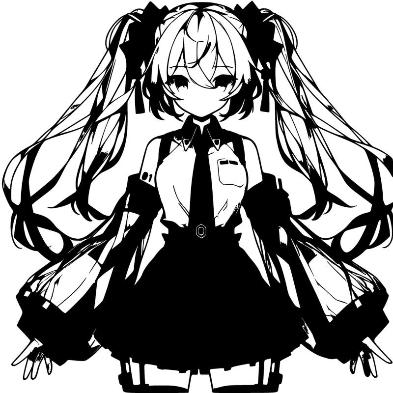 miku's appearance and looks are modeled after her v3 design. she continues to have her signature turquoise pigtails that extend down to her knees and a school uniform-like outfit. she has teal eyes and pigtails that extend down to her knees held with black and red square-shaped ribbons that have become a signature of her design. she wears a collared white sleeveless blouse with teal trimmings and a teal tie with a gray tie clip. she has a red "01 - hatsune miku" tattoo on her left shoulder and dark gray translucent separated sleeves with a teal trim that fan out near the wrists. she wears a gray thigh length skirt with teal trim and thigh-high boots, also with teal trims. her design is mostly inspired by yamaha synthesizers and keyboards.