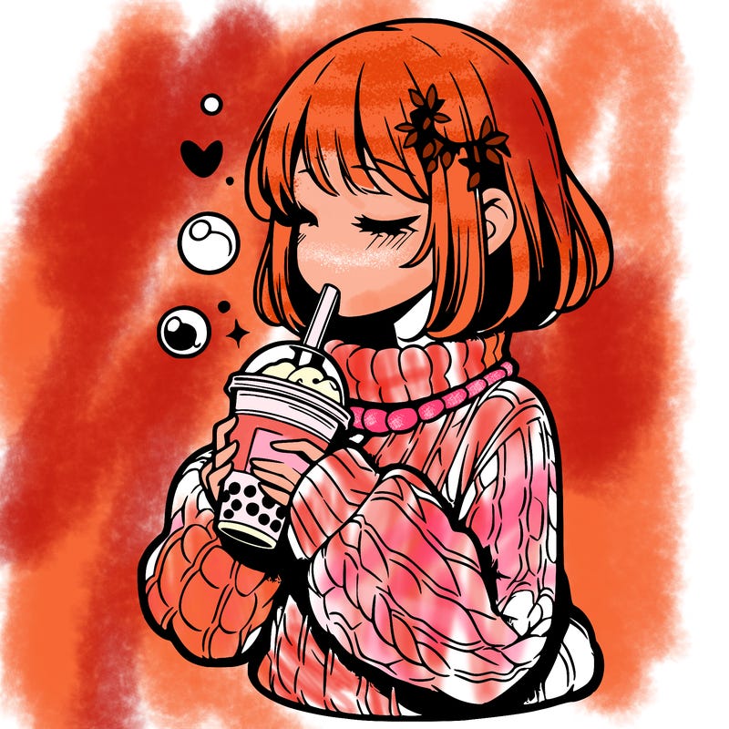 manga girl drinking boba in cozy sweater