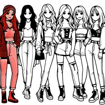 realistic group of girl friends wearing trendy outfits