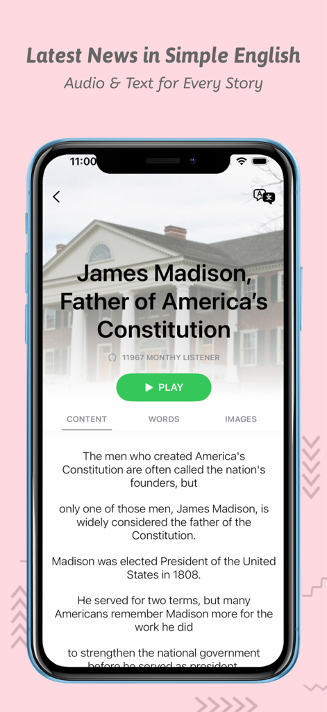 VOA Learning English: Podcast - VOA Learning English app interface showing a news story about James Madison with audio and text