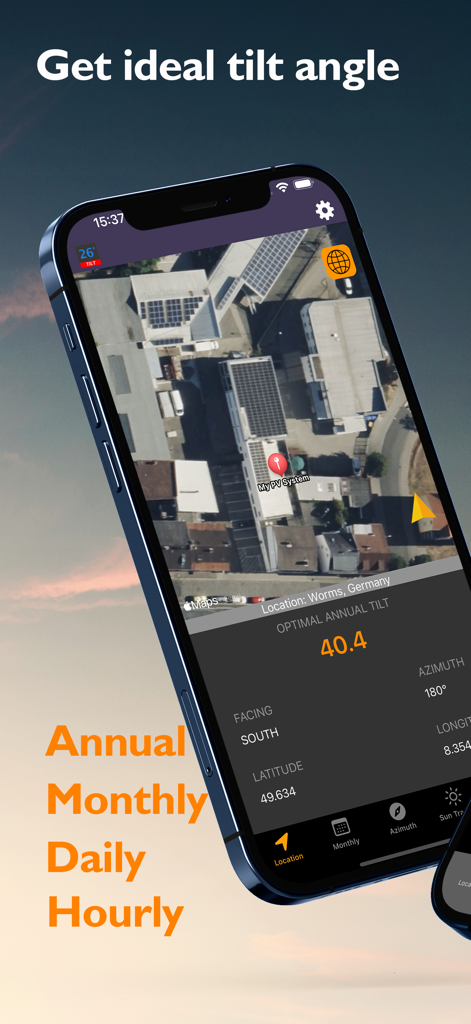 PV Solar Tilt - Schermata dello smartphone che mostra l'interfaccia dell'app PV Solar Tilt con una mappa satellitare e un calcolo dell'angolo di inclinazione annuale ottimale