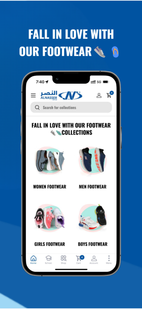 AlNasser ME - AlNasser ME app interface showing footwear categories for men women girls and boys