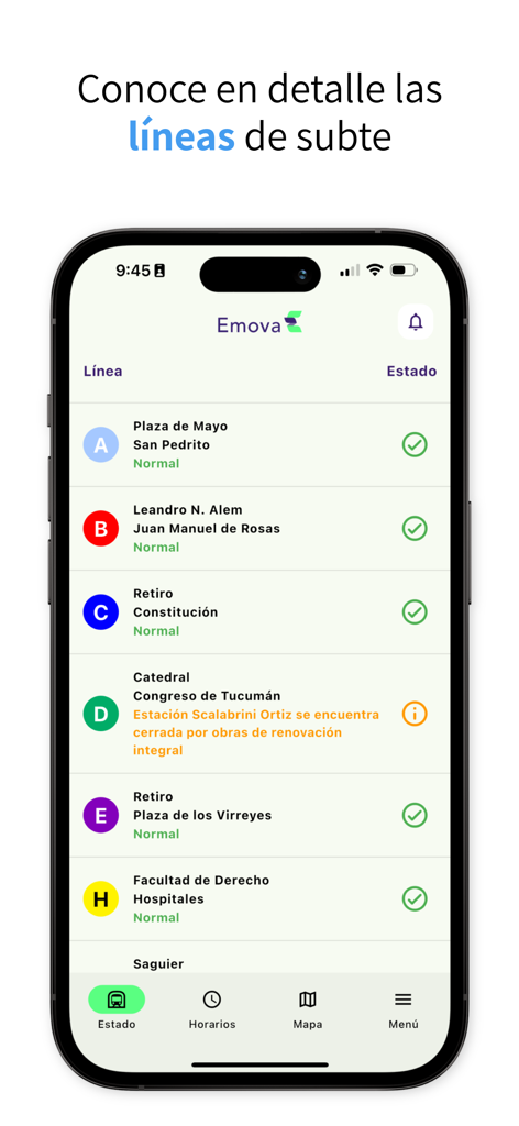 Emova - Interface of the Emova mobile app showing real-time status updates for various subway lines