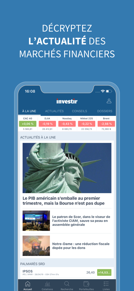 Interfaz de la app Investir mostrando índices bursátiles globales y artículos de noticias financieras