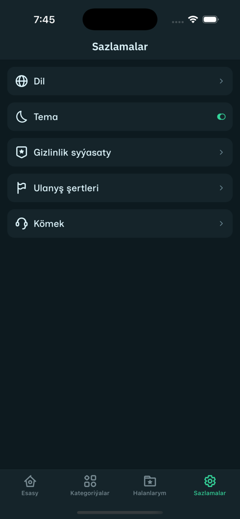 Melhem - Menu de configurações do aplicativo Melhem mostrando opções de tema de idioma, privacidade e ajuda.