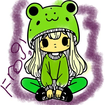 a girl wearing a frog hat and some frog socks