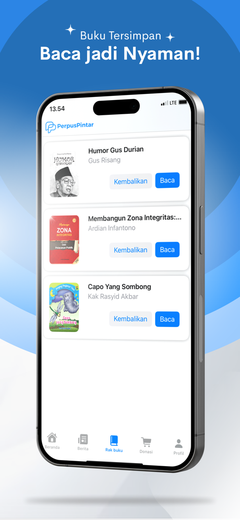 perpuspintar - Perpus Pintar app interface showing a list of saved Indonesian digital books on a mobile bookshelf.