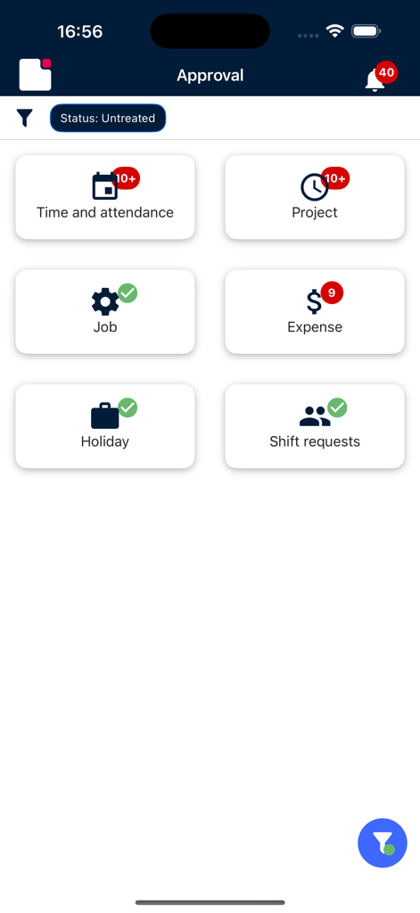 ProMarkアプリの承認ダッシュボード。勤怠、プロジェクト、ジョブ、経費、休暇、シフトリクエストのアイコンが表示されています。