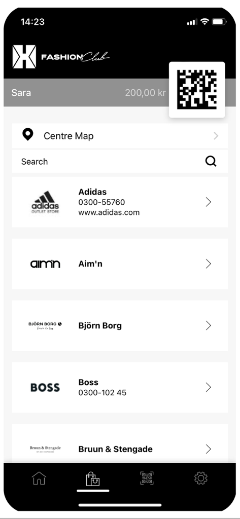 Hede Fashion Club app screen showing participating brands and loyalty rewards