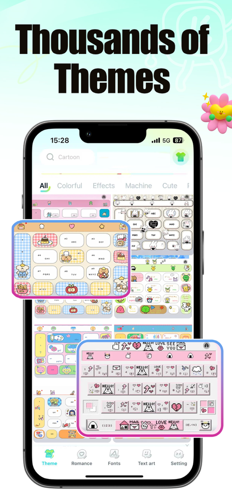 KeyFonts- Keyboard & Themes - Una pantalla móvil que muestra una variedad de temas de teclado estéticos y coloridos con personajes y patrones bonitos.