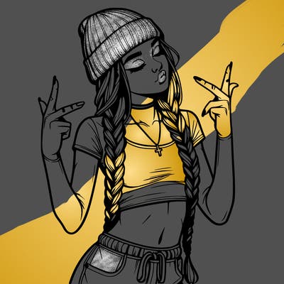 realistic teenage girl with braids and a beanie and crop top doing 🫶🏼