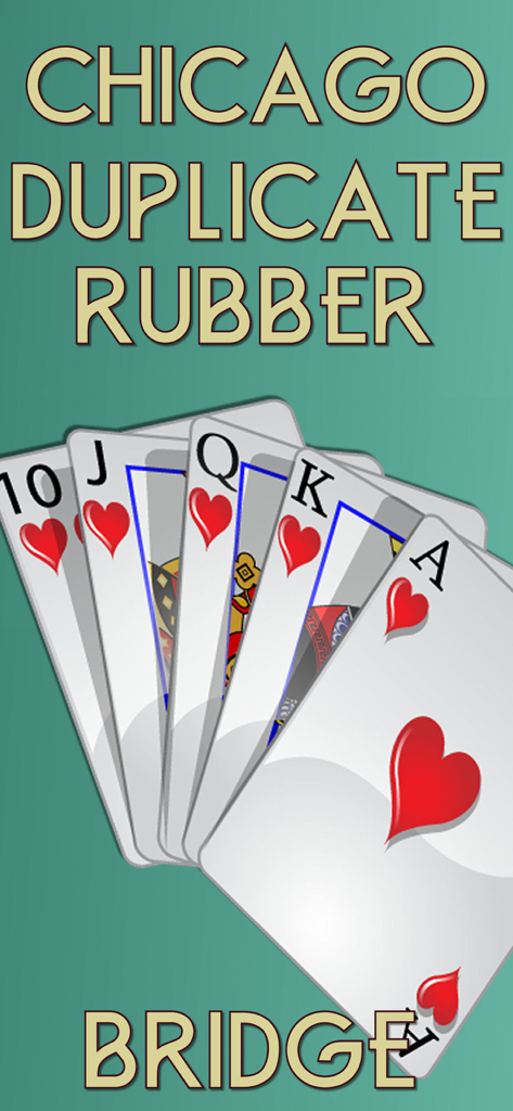 Pantalla del juego Bridge V plus mostrando los modos Chicago Duplicate y Rubber con una escalera real de corazones