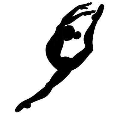 gymnast doing a leap in a leotard with a bent back leg