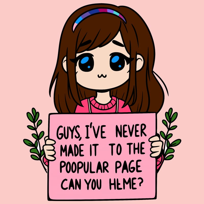 a girl holding up a sign that says, guys, i’ve never made it to the popular page, can you help me?